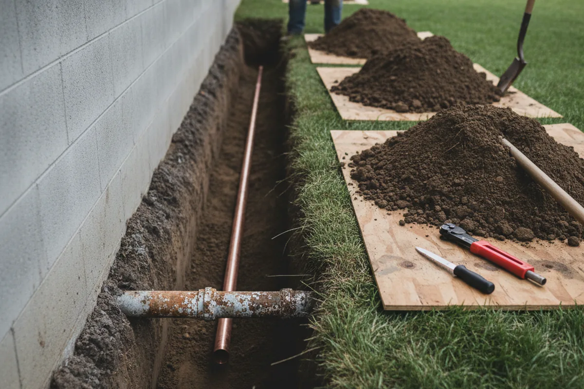Excavated water line trench during Water Heater Repair in Drewryville